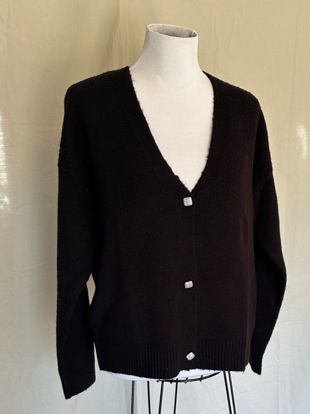 Olivia Sky Black V-Neck Button Cardigan  sweater rhinestone large classic bling